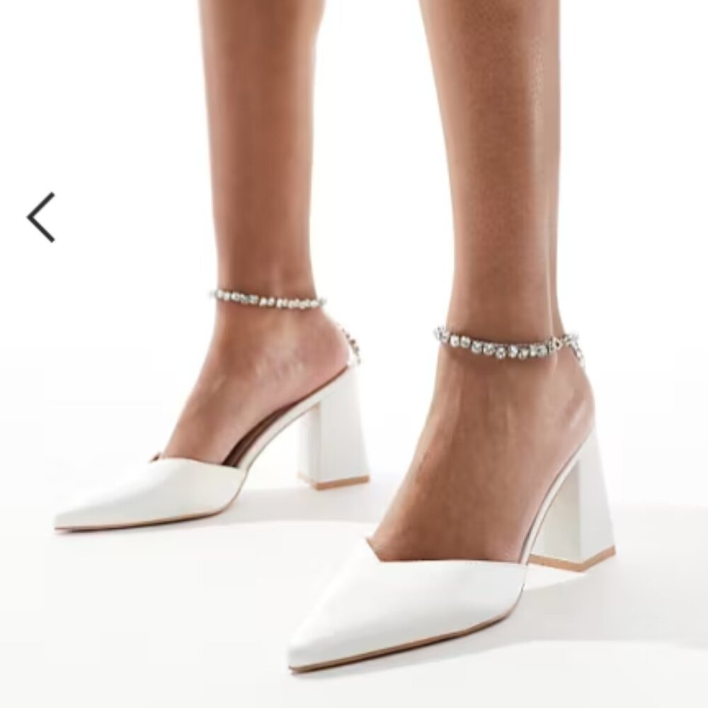 ASOS Be Mine Bridal Nella Embellished Ankle Strap Block Heeled Shoes in Ivory